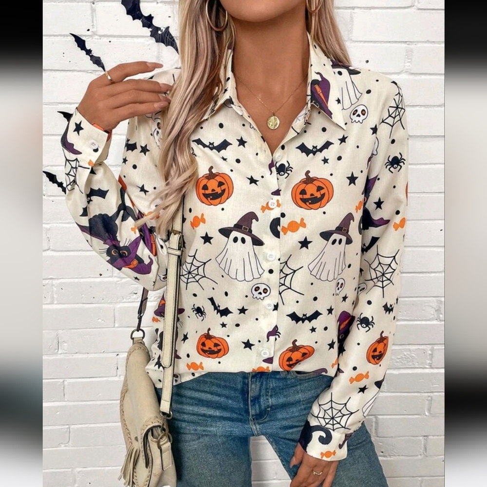 Women Halloween Print Button Down Long Sleeve Autumn Shirt Blouse Fall Clothing - Picture 5 of 5